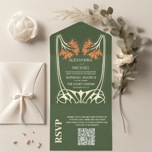 Invitación Todo En Uno Código QR Arte Nouveau Romántico Boda