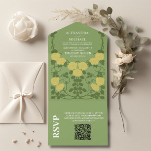 Invitación Todo En Uno Código QR Arte Nouveau Romántico Boda