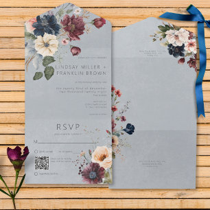 Invitación Todo En Uno Código QR Azul Floral Azul Azul Azul Azul Azul Azu