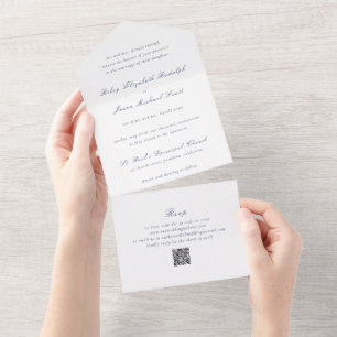 Invitación Todo En Uno Código QR azul marino elegante boda limpia