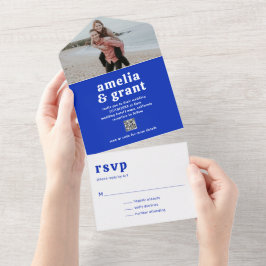 Invitación Todo En Uno Código QR Azul Zafiro Fuente Retro Boda Moderna