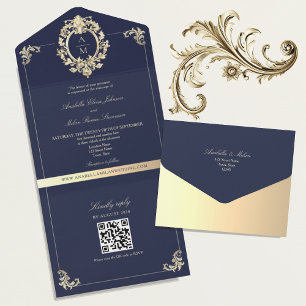 Invitación Todo En Uno Código QR Barroco Azul Marino Dorado Boda