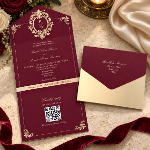 Invitación Todo En Uno Código QR Barroco Boda Dorada Borgoña