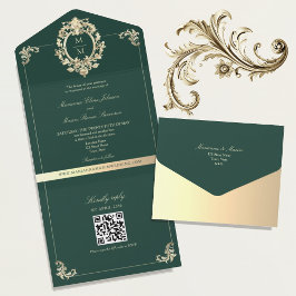 Invitación Todo En Uno Código QR Barroco Bodas Verde Esmeralda