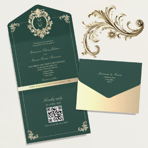Invitación Todo En Uno Código QR Barroco Bodas Verde Esmeralda