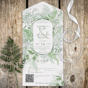 Invitación Todo En Uno Código QR blanco de la Foliage verde helénico mode