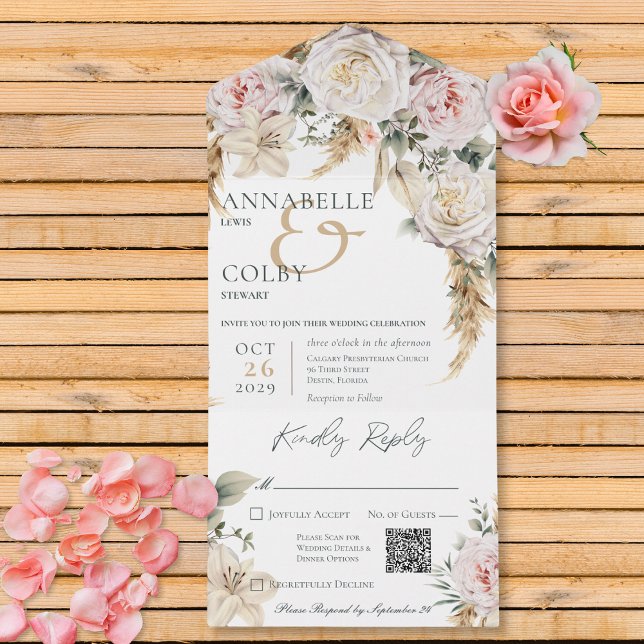 Invitación Todo En Uno Código QR blanco para boho Pampas y rosas rosas ro (Boho Pampas & Pink Roses White QR Code All In One Invitation)