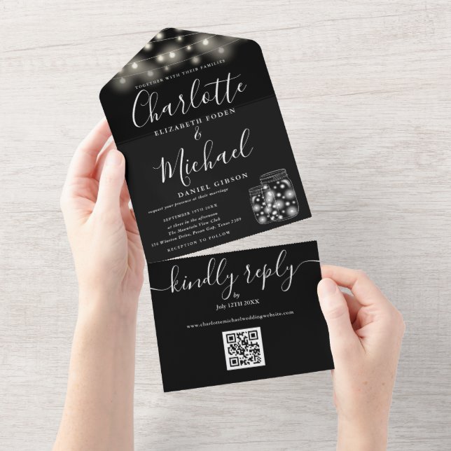 Invitación Todo En Uno Código QR blanco y negro Mason Jars Lights Boda (desgarro)