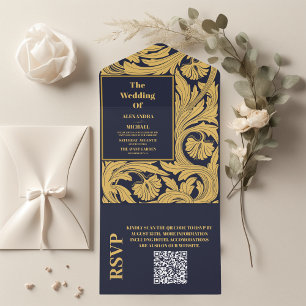Invitación Todo En Uno Código QR Boda Art Nouveau Azul Clásico