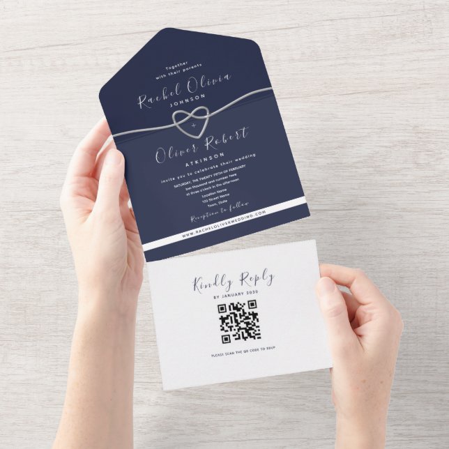 Invitación Todo En Uno Código QR Boda Azul Marino Plateado (desgarro)