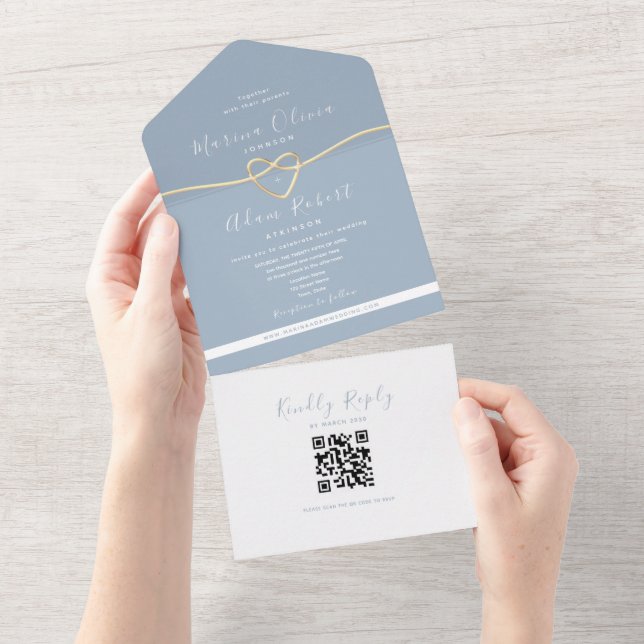 Invitación Todo En Uno Código QR Boda azul turbio (desgarro)