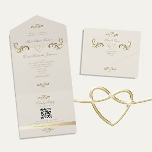 Invitación Todo En Uno Código QR Boda Barroco Dorado