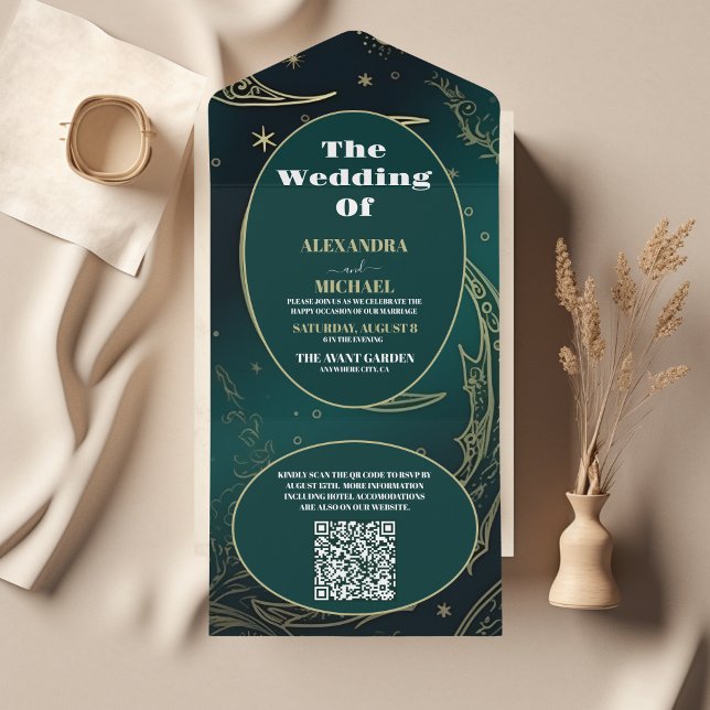 Invitación Todo En Uno Código QR Boda celeste de oro verde esmeralda (Subido por el creador)