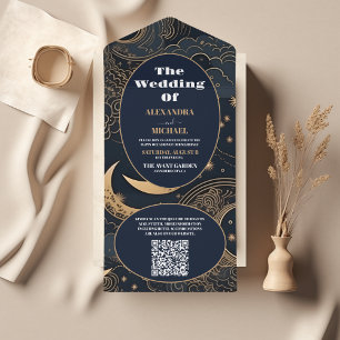 Invitación Todo En Uno Código QR Boda Celestial Azul Medianoche Dorado