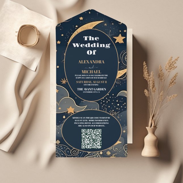 Invitación Todo En Uno Código QR Boda Celestial Azul Medianoche Dorado (Subido por el creador)