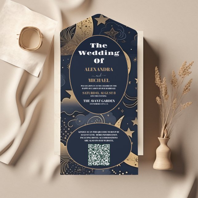 Invitación Todo En Uno Código QR Boda Celestial Azul Medianoche Dorado (Subido por el creador)