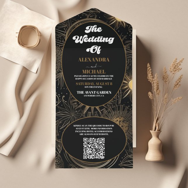 Invitación Todo En Uno Código QR Boda Celestial Negro Oro (Subido por el creador)