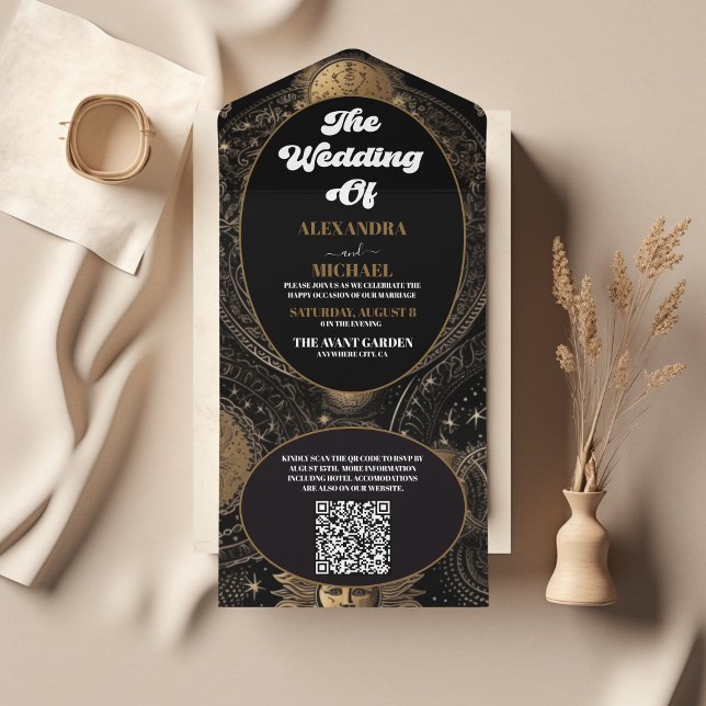Invitación Todo En Uno Código QR Boda Celestial Negro Oro (Subido por el creador)