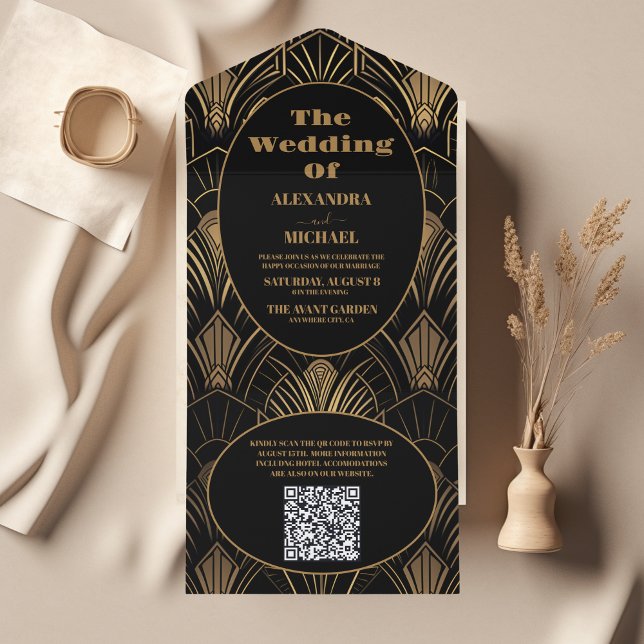 Invitación Todo En Uno Código QR Boda de Art Deco Geométrico (Subido por el creador)