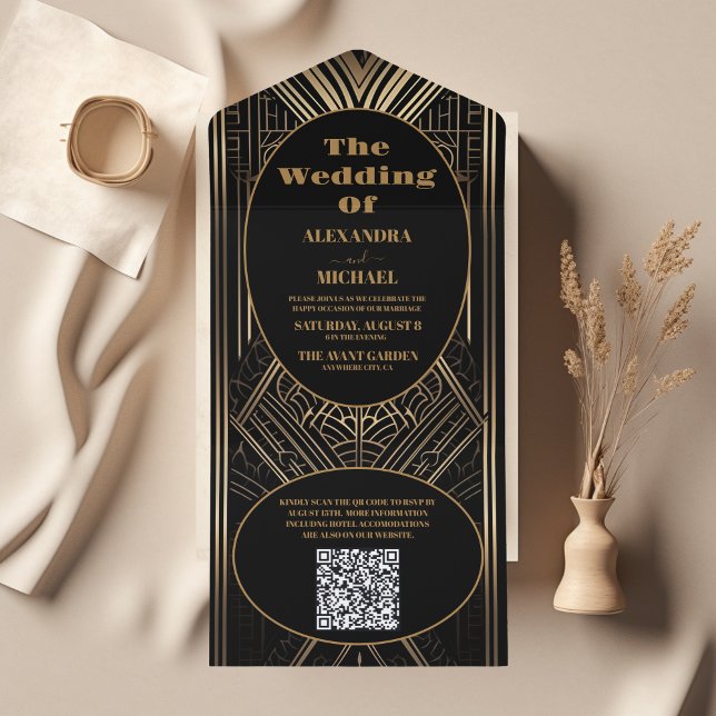 Invitación Todo En Uno Código QR Boda de Art Deco Geométrico (Subido por el creador)