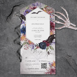 Invitación Todo En Uno Código QR Boda de Halloween Colores Góticos Rústic