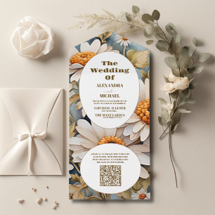Invitación Todo En Uno Código QR Boda de margarita blanca de color acuáti