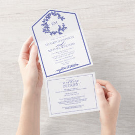 Invitación Todo En Uno Código QR Boda de monograma Escudo de leafy de per
