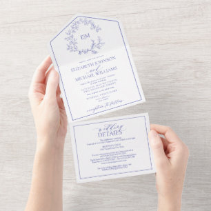 Invitación Todo En Uno Código QR Boda de monograma Escudo de leafy de per