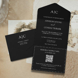 Invitación Todo En Uno Código QR Boda de monograma negro