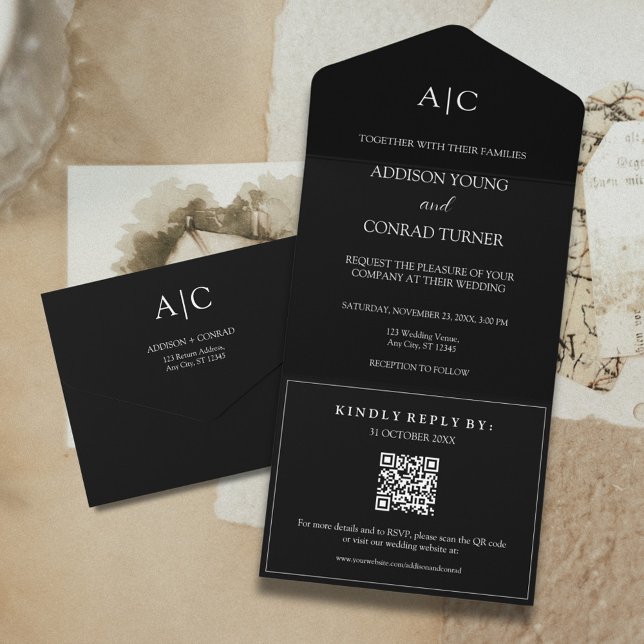 Invitación Todo En Uno Código QR Boda de monograma negro (Subido por el creador)