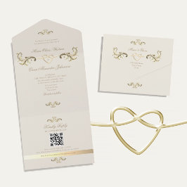 Invitación Todo En Uno Código QR Boda de oro barroco