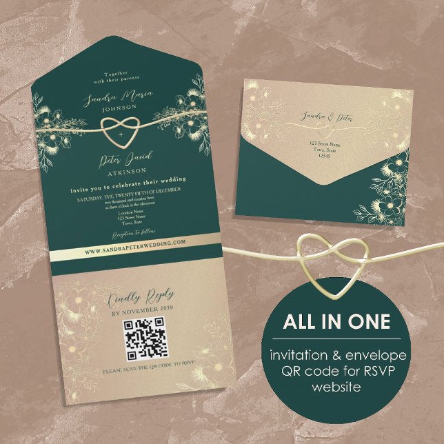 Invitación Todo En Uno Código QR Boda de oro verde esmeralda (Subido por el creador)