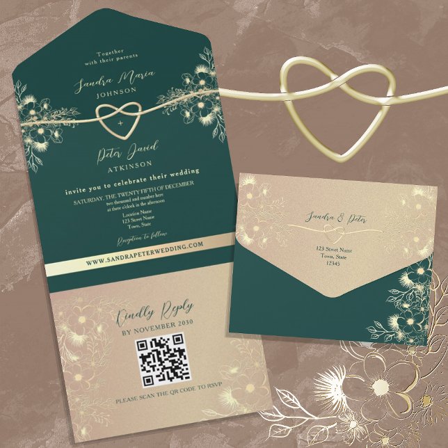 Invitación Todo En Uno Código QR Boda de oro verde esmeralda (Subido por el creador)