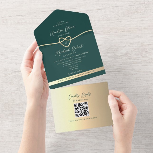 Invitación Todo En Uno Código QR Boda de oro verde esmeralda (desgarro)