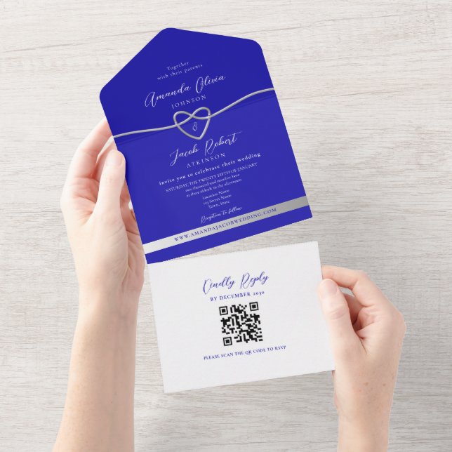 Invitación Todo En Uno Código QR Boda del Purpurina Royal Blue Silver (desgarro)