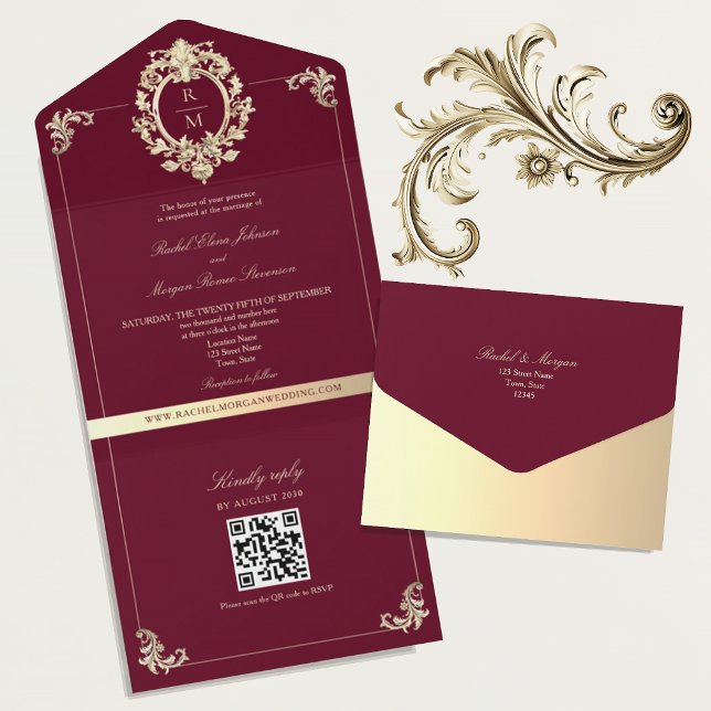 Invitación Todo En Uno Código QR Boda Dorado Barroco Borgoña (Subido por el creador)