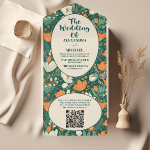 Invitación Todo En Uno Código QR Boda Floral Boho Retro