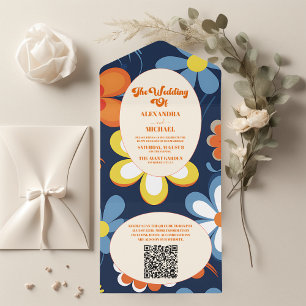 Invitación Todo En Uno Código QR Boda Floral Boho Retro
