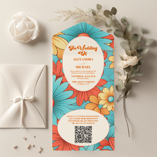 Invitación Todo En Uno Código QR Boda Floral Boho Retro
