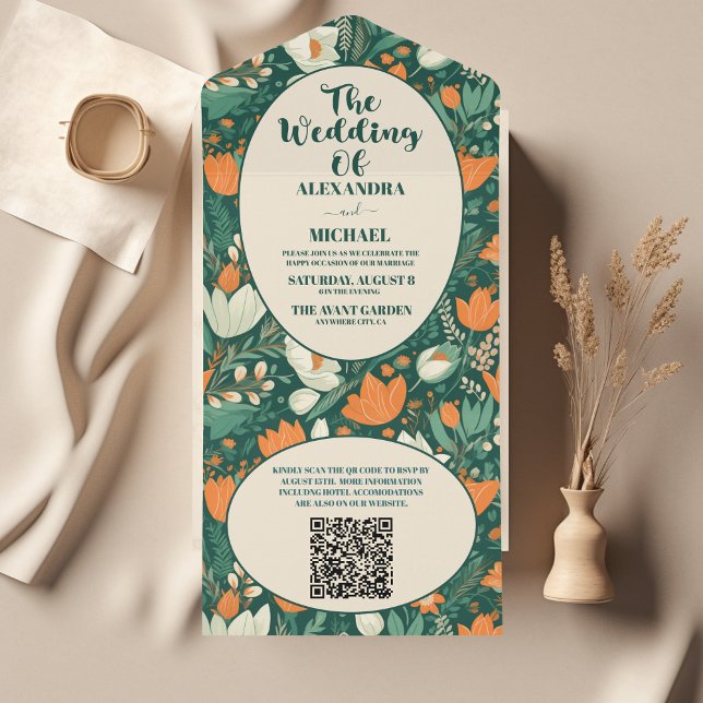 Invitación Todo En Uno Código QR Boda Floral Boho Retro  (Subido por el creador)