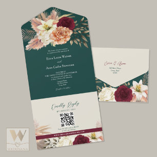 Invitación Todo En Uno Código QR Boda Floral de Otoño