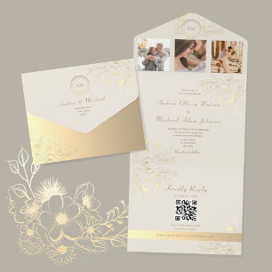 Invitación Todo En Uno Código QR Boda Floral Marfil Dorado