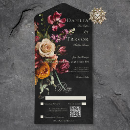 Invitación Todo En Uno Código QR Boda floral oscuro elegante de otoño
