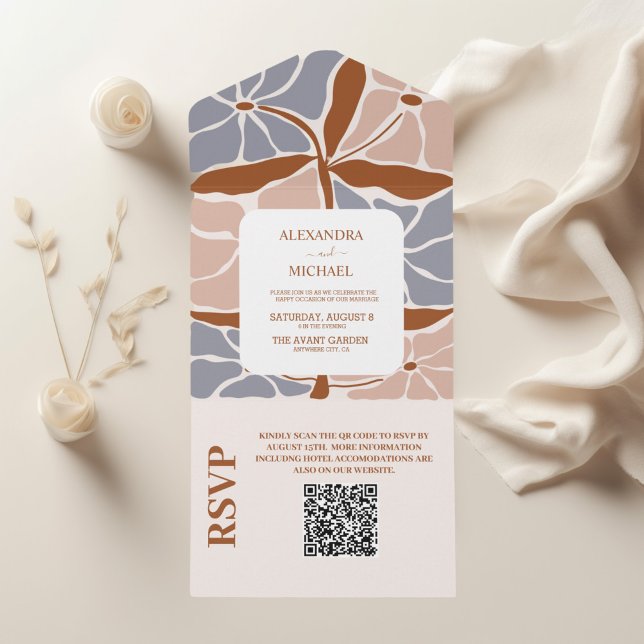 Invitación Todo En Uno Código QR Boda Floral Retro Boho Chic (Subido por el creador)
