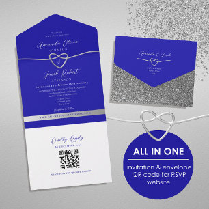 Invitación Todo En Uno Código QR Boda Glitter Azul Real Plata