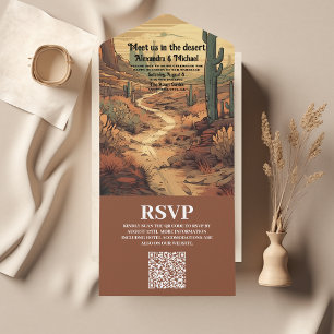 Invitación Todo En Uno Código QR Boda ilustrado de Boho Desert Cactus