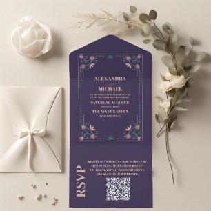 Invitación Todo En Uno Código QR Boda Libro Biblioteca Vintage