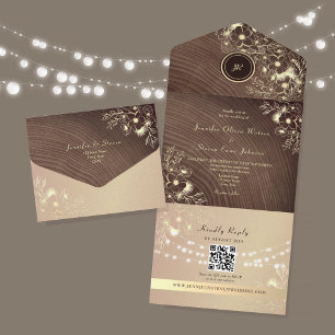 Invitación Todo En Uno Código QR Boda Madera Rústica Rosa Dorada