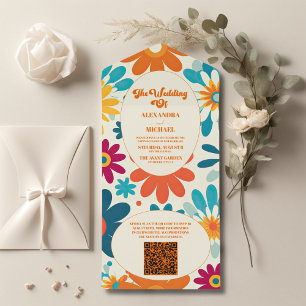 Invitación Todo En Uno Código QR Boda Moderna Retro 70's Margarita