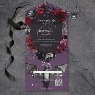 Invitación Todo En Uno Código QR Boda morado de glam floral oscuro de Hal